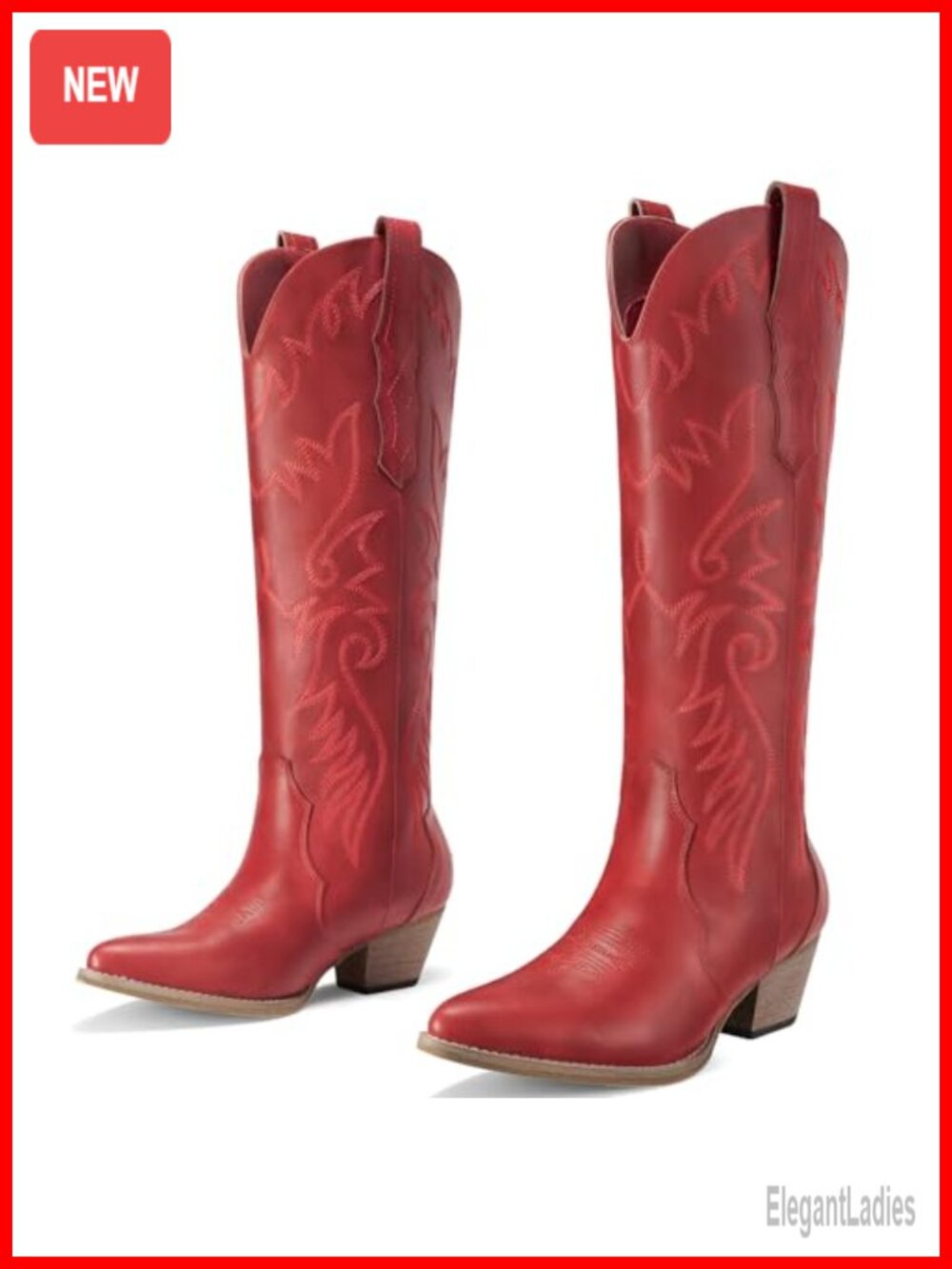 Knee-High Cowboy Boots Women Western Pointed Toe Stacked Heel Synthetic